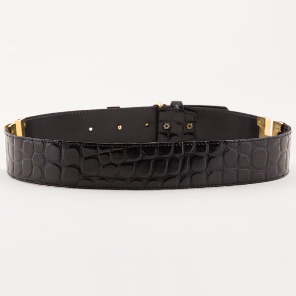 1970s/1980s Vintage "H" Buckle Black Faux Croc Waist Belt Sz XS S - Picture 5 of 8